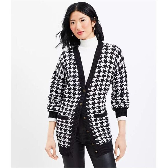 NWT LOFT Houndstooth Boyfriend Pocket Cardigan, Small, Black/White - Picture 1 of 12